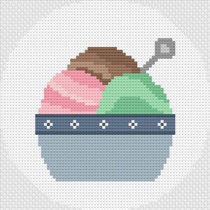 May include: A blue bowl with a white rim and a pattern of white stars holds three scoops of ice cream: pink, green, and brown. A silver spoon is placed on top of the ice cream.