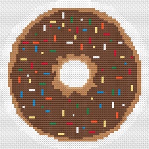 May include: A chocolate donut with colorful sprinkles. The donut is brown with a hole in the center. The sprinkles are red, blue, green, orange, and yellow.