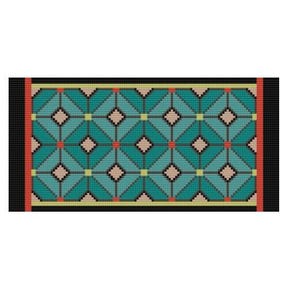 May include: A geometric pattern rug with a teal, tan, red, and yellow design. The rug features a repeating pattern of diamonds and squares, with a black border. The rug is rectangular in shape.