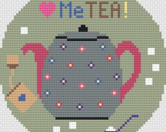 Teapot Needlepoint Pattern, Tea Theme Ornament Pattern, Tea Lovers Pattern, Cute Tea Theme Needlepoint Chart, Digital Download PDF,  Teapot