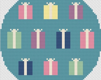 Vintage Style Gift Themed Needlepoint Ornament Round Pattern, Needlepoint Pattern, Vintage Color, Graphic Present Pattern, Needlepoint Chart