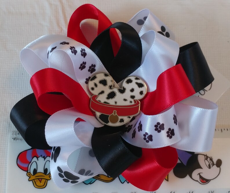 101 Dalmatians Mickey Ears Satin Hair Bow with Alligator Barrette Clip D7-015