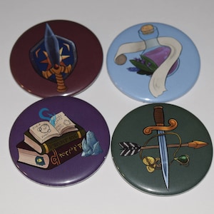 May include: Four round, colorful buttons with different images. The first button is purple with a blue and gold sword. The second button is blue with a white scroll and a purple bottle. The third button is purple with a stack of books and a blue crystal. The fourth button is green with a silver dagger and a gold arrow.