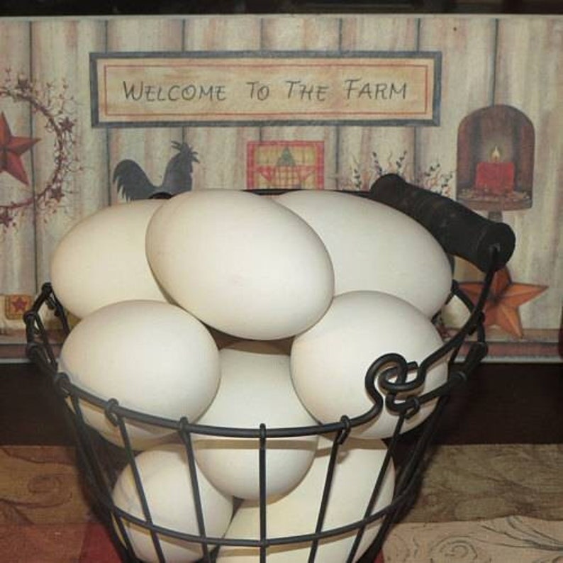 May include: A wire basket filled with large, white eggs. The basket has a black handle and is set against a rustic wooden background with the text "WELCOME TO THE FARM". A decorative star and rooster silhouette are also visible.