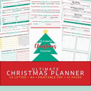 May include: A red and green Christmas planner with a festive Christmas tree design. The planner includes sections for holiday budgeting, gift lists, meal planning, and more. The text "Ultimate Christmas Planner" is printed in bold, white letters on a red banner.