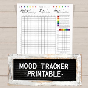 May include: Printable mood tracker with a grid for tracking moods daily. The tracker includes a rainbow color key for different moods, a section for monthly totals, and a "My Joy List" section.