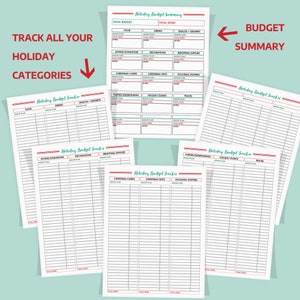 May include: Printable holiday budget tracker with a pink and teal color scheme. The tracker includes sections for food, drinks, snacks, decorations, gifts, wrapping supplies, Christmas cards, Christmas gifts, stocking stuffers, party entertaining, holiday events, and travel. The tracker also includes a summary page for tracking total budget and total spent.