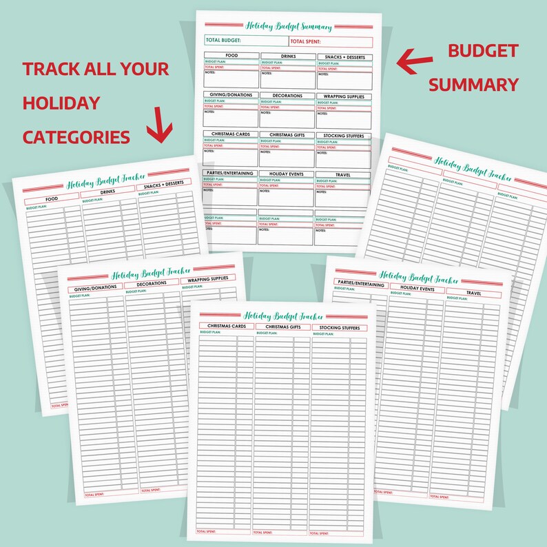 May include: Printable holiday budget tracker with a pink and teal color scheme. The tracker includes sections for food, drinks, snacks, decorations, gifts, wrapping supplies, Christmas cards, Christmas gifts, stocking stuffers, party entertaining, holiday events, and travel. The tracker also includes a summary page for tracking total budget and total spent.