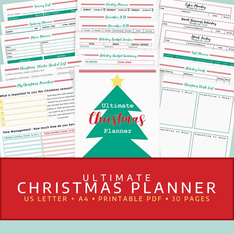 May include: A red and green Christmas planner with a festive Christmas tree design. The planner includes sections for holiday budgeting, gift lists, meal planning, and more. The text "Ultimate Christmas Planner" is printed in bold, white letters on a red banner.