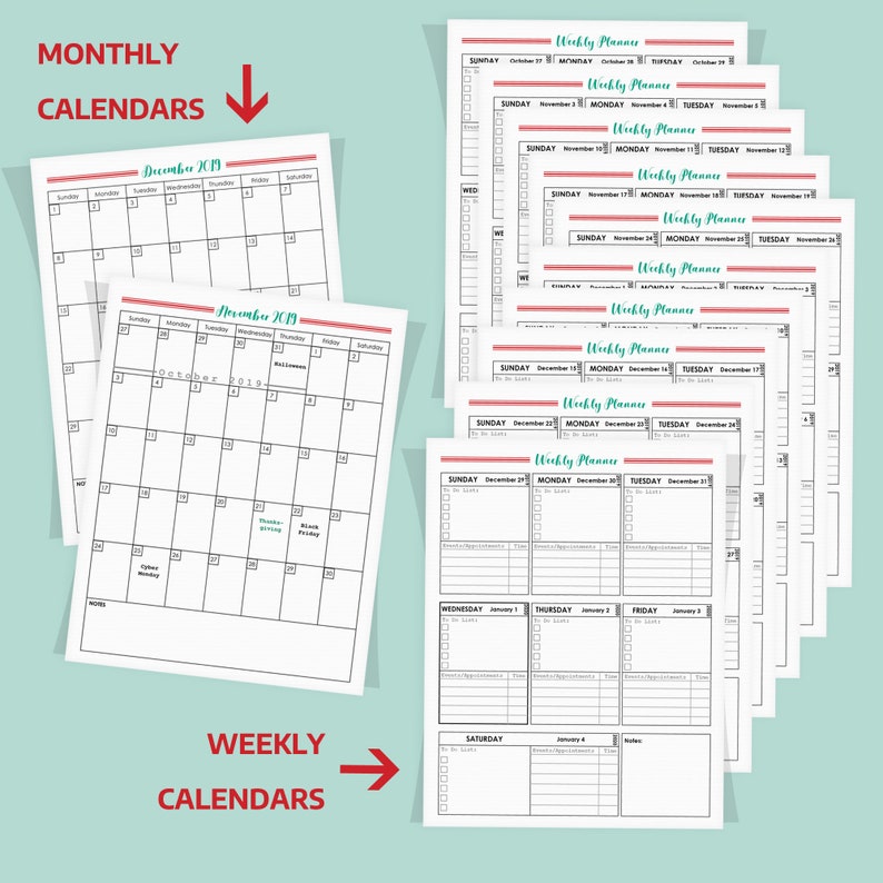 May include: Printable monthly and weekly calendar pages. The monthly calendars are for December 2019 and October 2019. The weekly calendars are for October 2019, November 2019, December 2019, and January 2020.