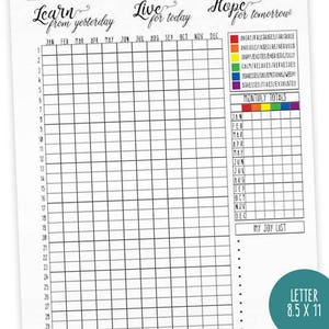May include: A printable mood tracker with a rainbow color scheme. The tracker includes a grid for each month of the year, a section for monthly totals, and a "My Joy List" section. The text "Learn from yesterday, Live for today, Hope for tomorrow" is at the top of the page.