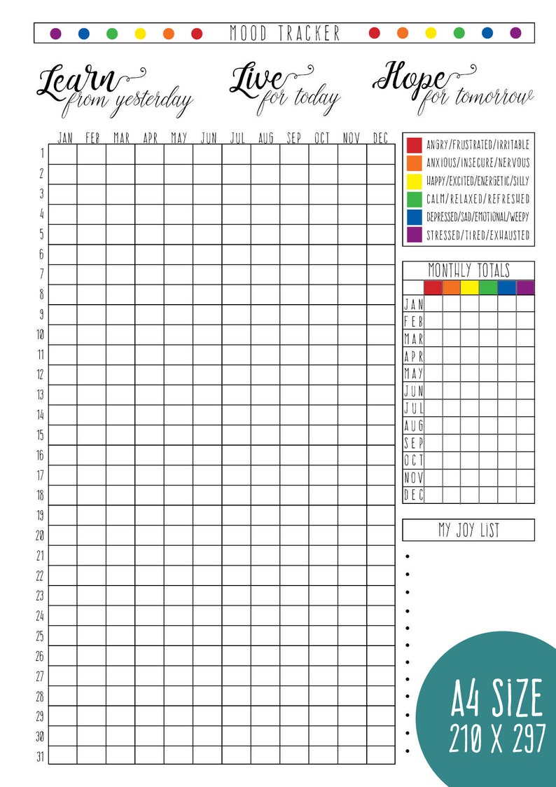 May include: A printable mood tracker with a rainbow color scheme. The tracker includes a calendar grid for each month of the year, a section for daily mood tracking, and a section for monthly mood totals. The tracker also includes a "My Joy List" section and a note that the printable is A4 size, 210 x 297 mm.