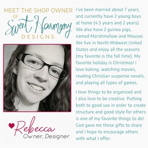 May include: A woman with glasses smiles at the camera. The text "Meet the Shop Owner of Sweet Harmony Designs" is above her and the text "Rebecca Owner, Designer" is below her.