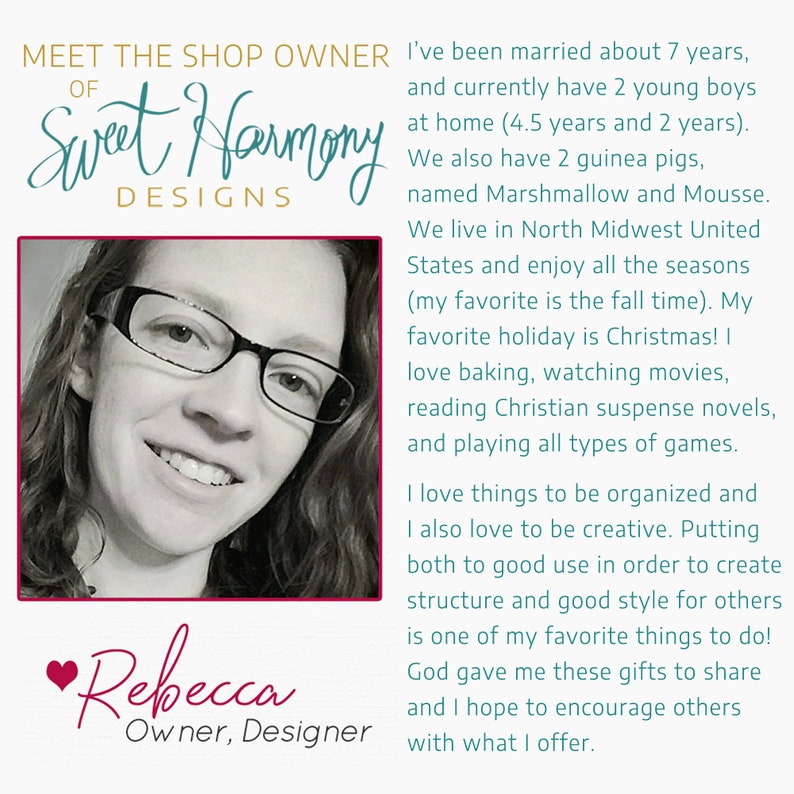 May include: A woman with glasses smiles at the camera. The text "Meet the Shop Owner of Sweet Harmony Designs" is above her and the text "Rebecca Owner, Designer" is below her.