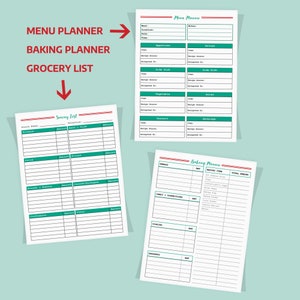 May include: Printable planner pages with a green and red color scheme. The pages include a grocery list, menu planner, and baking planner.