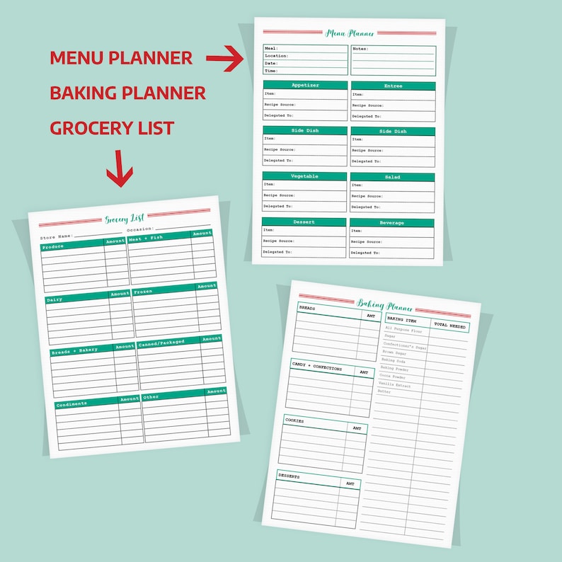 May include: Printable planner pages with a green and red color scheme. The pages include a grocery list, menu planner, and baking planner.