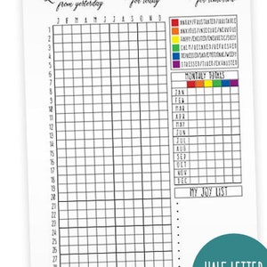 May include: A printable mood tracker with a grid for each day of the month, a section for monthly totals, and a joy list. The mood tracker uses a color-coded system to track different moods, including angry, anxious, happy, calm, depressed, and stressed.