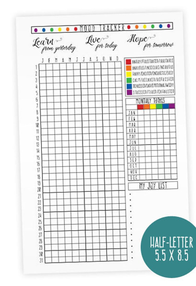 May include: A printable mood tracker with a grid for each day of the month, a section for monthly totals, and a joy list. The mood tracker uses a color-coded system to track different moods, including angry, anxious, happy, calm, depressed, and stressed.