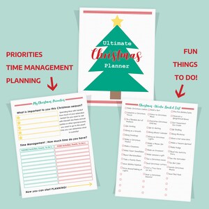 May include: Printable Christmas planner with a green Christmas tree graphic. The planner includes sections for priorities, time management, and fun things to do. The fun things to do section includes a checklist of winter bucket list items.