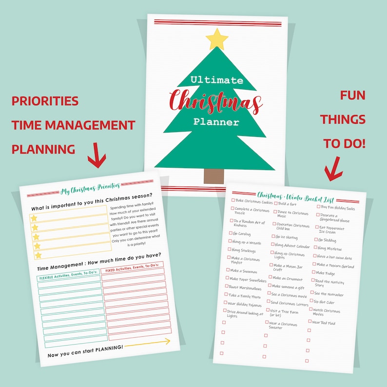 May include: Printable Christmas planner with a green Christmas tree graphic. The planner includes sections for priorities, time management, and fun things to do. The fun things to do section includes a checklist of winter bucket list items.