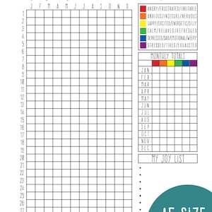 May include: A printable mood tracker with a grid for each day of the month, color-coded mood categories, and a section for monthly totals. The tracker is labeled "Learn from yesterday", "Live for today", and "Hope for tomorrow".