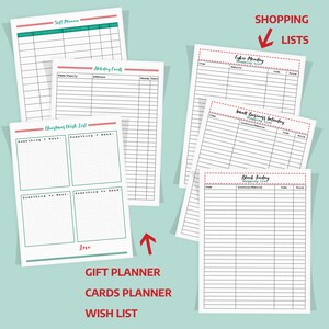May include: Printable planner pages for gift planning, holiday cards, and Christmas wish lists. The pages are white with black lines and green and red accents. The pages are labeled "Gift Planner", "Cards Planner", "Wish List", "Holiday Cards", "Christmas Wish List", "Cyber Monday Shopping List", "Small Business Saturday Shopping List", and "Black Friday Shopping List".