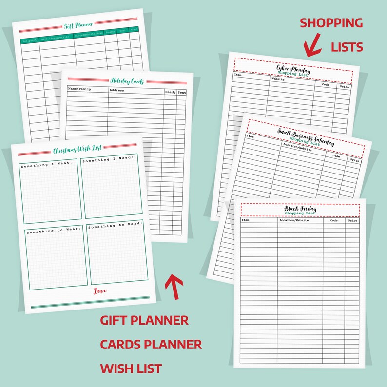 May include: Printable planner pages for gift planning, holiday cards, and Christmas wish lists. The pages are white with black lines and green and red accents. The pages are labeled "Gift Planner", "Cards Planner", "Wish List", "Holiday Cards", "Christmas Wish List", "Cyber Monday Shopping List", "Small Business Saturday Shopping List", and "Black Friday Shopping List".