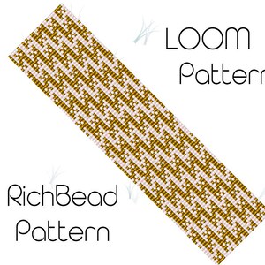 May include: A loom beading pattern with alternating rows of gold and white beads. The pattern is labelled "RichBead Pattern" and "LOOM Pattern".