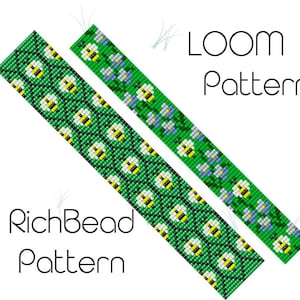 Puede incluir: Dos patrones de telar con fondos verdes. Uno presenta un patrón repetitivo de abejas amarillas y negras. El otro tiene un patrón de abejas y flores azules. El texto "LOOM Pattern" y "RichBead Pattern" también es visible.
