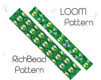 Seed bead loom bracelet pattern with bee honeycomb and forget-me-not flowers Beading PDF Digital download 13 21 rows