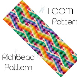 Pode incluir: Um padrão de contas de tear colorido com um design em ziguezague. O padrão é feito com uma variedade de cores, incluindo laranja, amarelo, verde, roxo e rosa. O padrão é chamado de "RichBead Pattern" e "Loom Pattern".