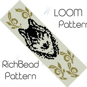 May include: A black and white wolf face loom bead pattern with gold floral accents. The pattern is labeled "RichBead Pattern" and "Loom Pattern".