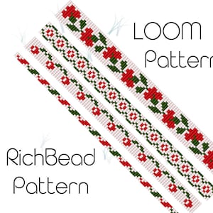 Puede incluir: Un patrón de abalorios de telar con cinco filas de abalorios en rojo, blanco y verde. El patrón presenta un diseño repetitivo de flores y hojas. El texto "LOOM Pattern" y "RichBead Pattern" es visible en la imagen.