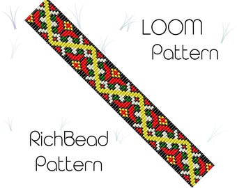 Patrón de pulsera geométrica con cuentas de semillas tejidas en telar (PDF)