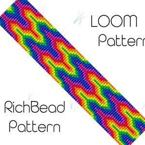 May include: Rainbow loom bead pattern for a bracelet or other project. The pattern is made up of small squares in different colors, creating a wavy design.