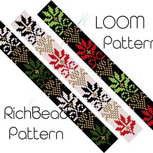 May include: Four loom patterns with floral designs in black, white, green, and red. The patterns are displayed diagonally, with the text "LOOM Pattern" and "RichBead Pattern" in the image.