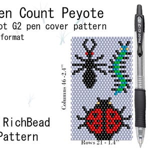May include: A PDF pattern for an Even Count Peyote pen cover, featuring beaded insect designs. The pattern includes a black ant, a green caterpillar, and a red ladybug. The pattern is designed for a Pilot G2 pen and measures 2.4 inches by 1.4 inches.
