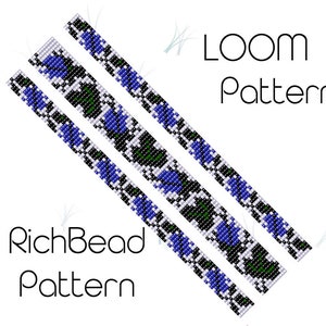 Puede incluir: Un patrón de abalorios de telar con tres filas de abalorios en un diseño negro, blanco y azul. El patrón está etiquetado como "RichBead Pattern" y "LOOM Pattern".