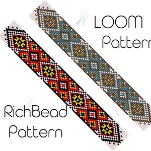 May include: Two loom beading patterns, one with red, yellow, black, and white beads, and the other with blue, brown, gold, and white beads. The text "LOOM Pattern" and "RichBead Pattern" is visible.