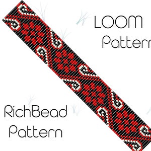 May include: A loom beading pattern with red, black, and white beads. The pattern is called "RichBead Pattern" and is a loom pattern.