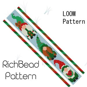 May include: A loom pattern featuring a repeating design of Christmas gnomes in green, red, and brown. The gnomes are set against a light blue background with red and green borders. The text "LOOM Pattern" and "RichBead Pattern" are also visible.