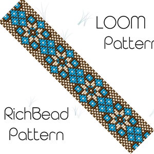 May include: A loom beading pattern with brown, white, and blue beads. The pattern is called "RichBead Pattern" and "LOOM Pattern".