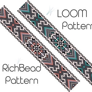 Op de afbeelding: Een weefpatroon voor kralen met zwarte, witte, grijze, turquoise en roze kralen. Het patroon heet "RichBead Pattern" en "Loom Pattern".