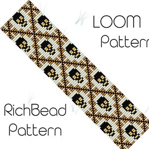 May include: A loom beading pattern featuring a repeating design of black skulls on a white background with gold accents. The pattern is labeled "LOOM Pattern" and "RichBead Pattern".