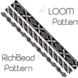 Puede incluir: Tres patrones de telar en blanco y negro sobre un fondo blanco. Los patrones están etiquetados como "Loom Pattern" y "RichBead Pattern".