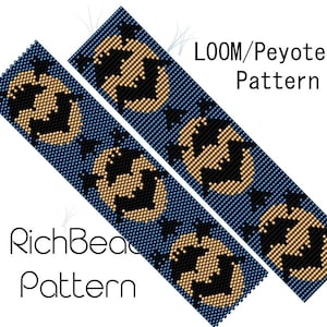 May include: Two beaded loom patterns with a blue background and a repeating black and tan geometric design. The text "LOOM/Peyote Pattern" and "RichBeads Pattern" are visible.
