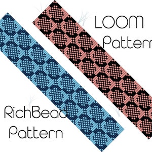 Puede incluir: Se muestran dos patrones de telar, uno en azul claro y otro en rosa y negro. Los patrones presentan un diseño geométrico repetitivo. También se ve el texto "LOOM Pattern" y "RichBead Pattern".