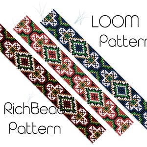 May include: Three loom beading patterns with geometric designs in red, green, white, gold, and blue. The patterns are labeled "LOOM Pattern" and "RichBead Pattern".