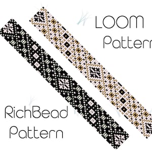 May include: Two loom beading patterns, one in black and white and one in gold, white, and black. The patterns are called "RichBead Pattern" and "Loom Pattern".