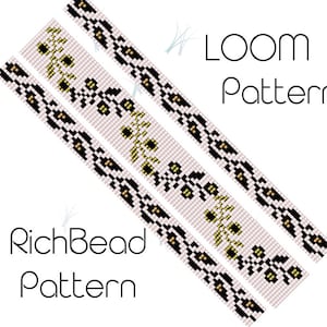 Puede incluir: Un patrón de abalorios de telar con tres filas de abalorios negros, blancos y dorados. El patrón se llama "RichBead Pattern" y "LOOM Pattern".